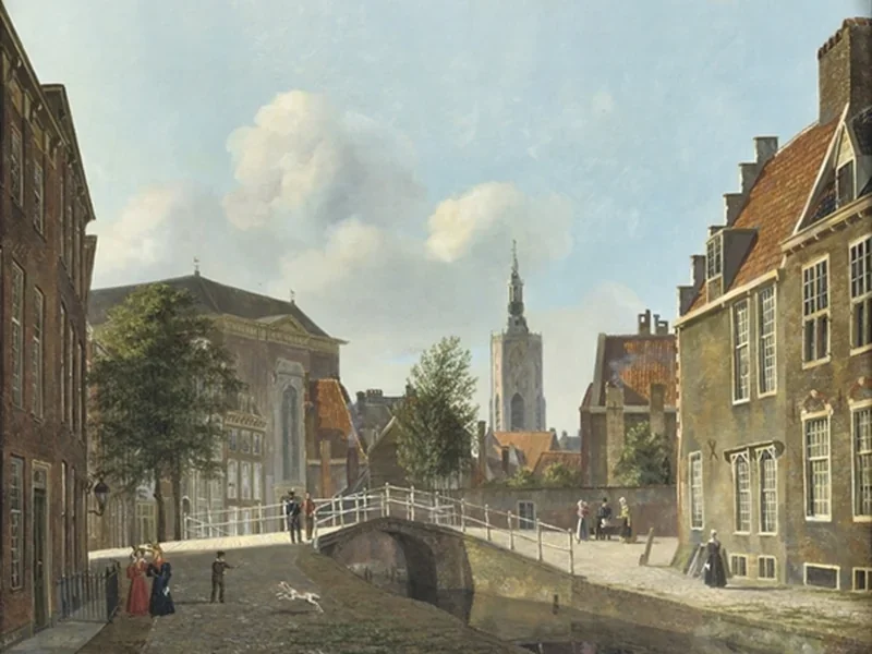 1812-Carel Jacobus Behr - Attività quotidiane lungo il Paviljoensgracht con la chiesa di San Giacomo sullo sfondo
